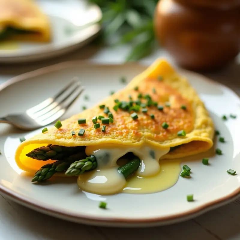 Tortilla francesa dorada y esponjosa rellena de espárragos verdes salteados y queso brie fundido, decorada con cebollino fresco. Plato elegante sobre fondo rústico de madera, ideal para desayuno francés sofisticado.