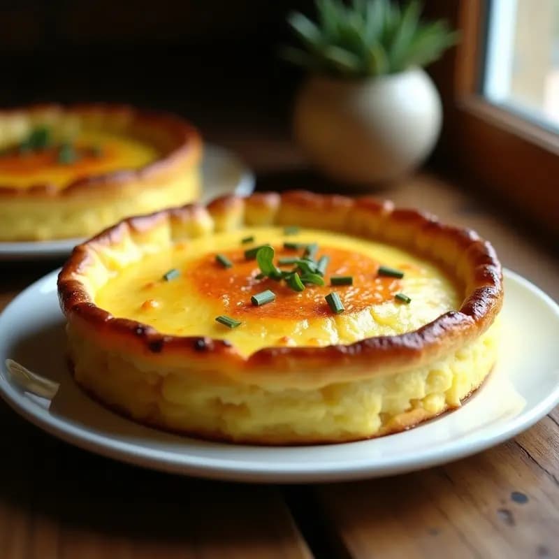 Tortilla francesa esponjosa recién horneada en molde redondo, dorada y aireada, con textura ligera y brillo de mantequilla, servida en plato blanco.