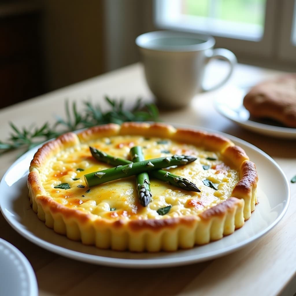 Tortilla dorada y esponjosa de harina de garbanzo con trozos de espárragos trigueros, hierbas provenzales y semillas de sésamo, servida en un plato blanco rústico sobre una mesa de madera con fondo de hierbas frescas y aceite de oliva.