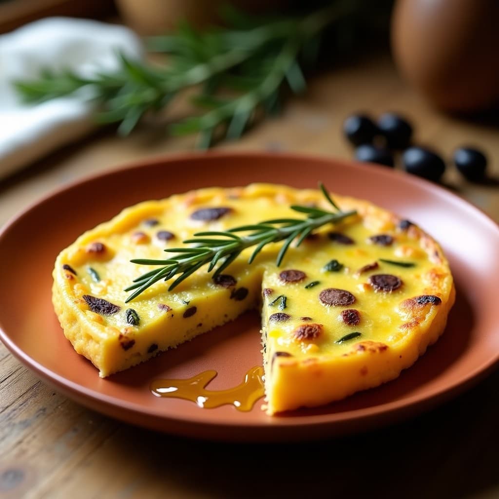 Tortilla dorada de harina de garbanzo con espárragos trigueros salteados, romero fresco y pimentón, servida en plato rústico de barro con fondo de madera y aceitunas. Desayuno español vegano alto en proteína.