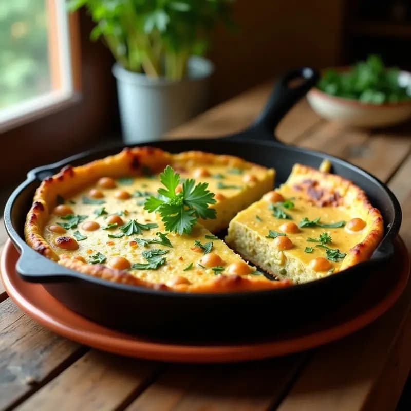 Tortilla dorada y esponjosa de garbanzos y alcachofas en sartén de hierro, con trozos visibles de alcachofa y garbanzos enteros. Decorada con perejil fresco y servida en plato rústico de barro. Desayuno vegano español alto en fibra.