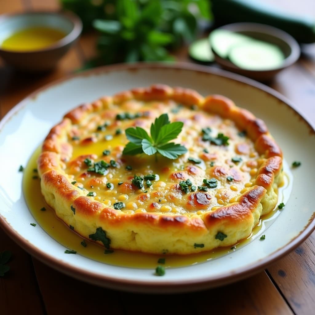 Tortilla dorada y esponjosa de garbanzos y calabacín con aceite de oliva virgen, servida en plato rústico con perejil fresco, receta española en Thermomix.