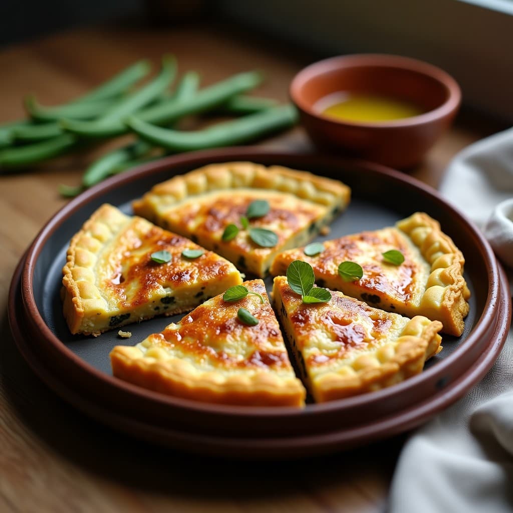 Tortilla dorada y esponjosa de garbanzos y ebira con trozos visibles de cebolla morada, cortada en porciones y servida en un plato de barro rústico, receta española de aprovechamiento en Thermomix.