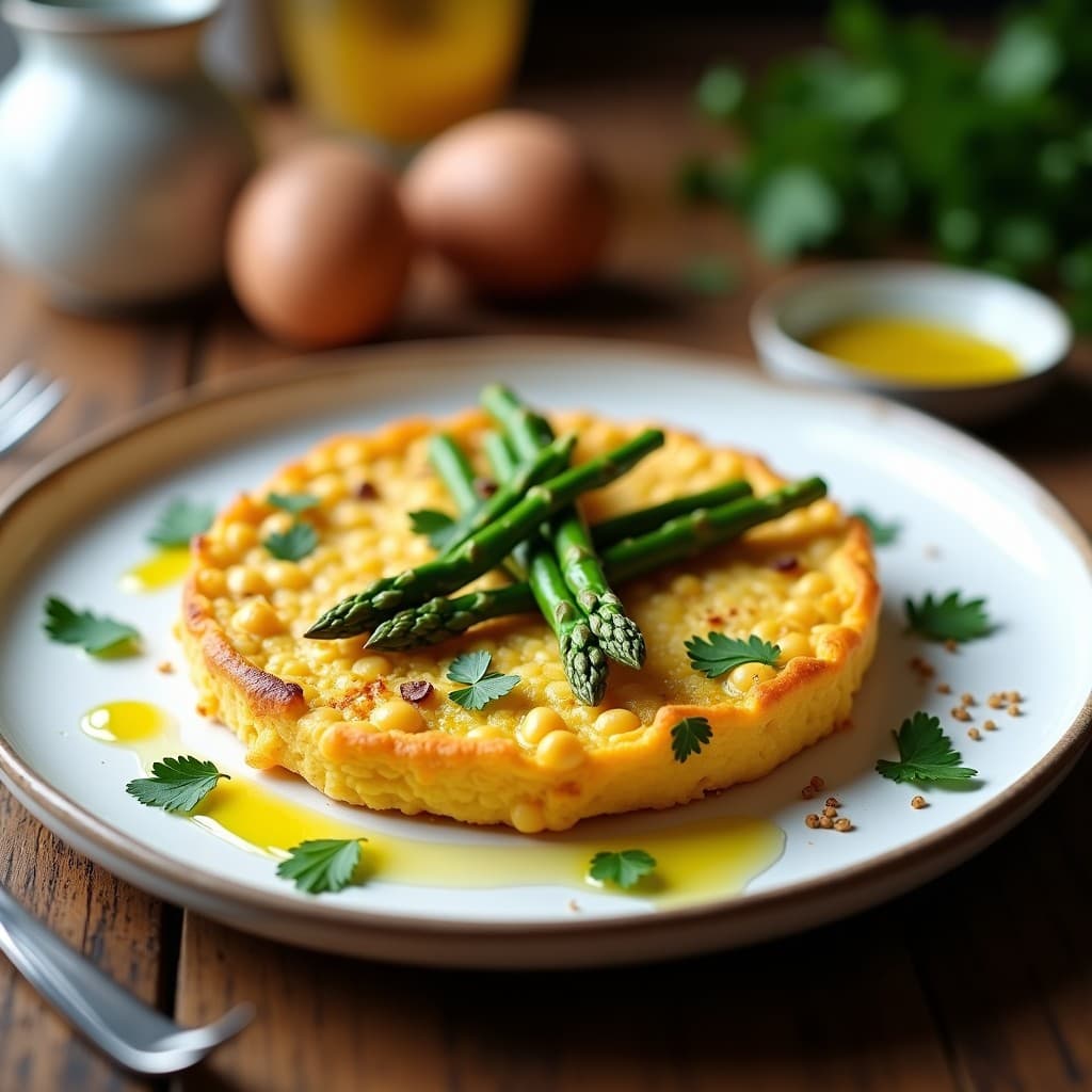 Tortilla vegana dorada de garbanzos y espárragos trigueros con aceite de trufa, servida en plato blanco rústico con perejil fresco espolvoreado y un hilo de aceite de trufa brillante.