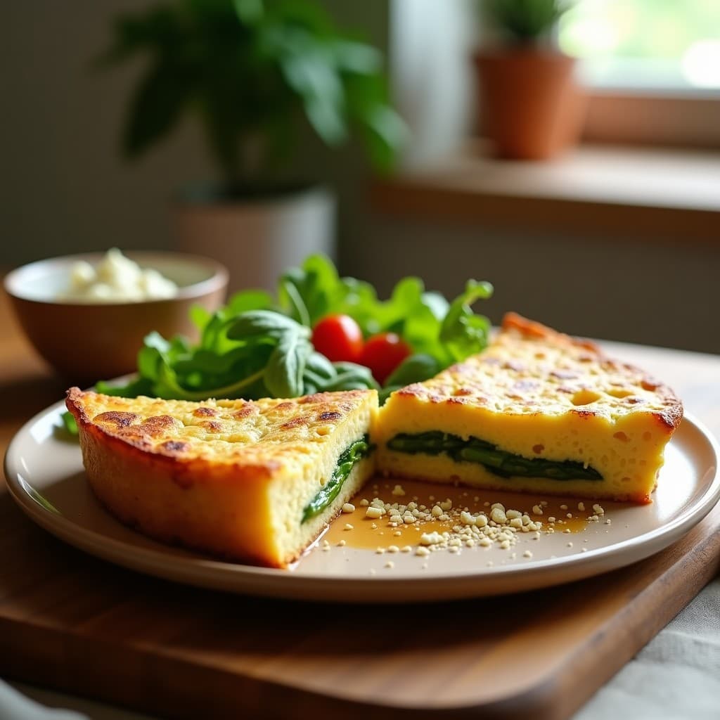Tortilla vegana dorada y crujiente de garbanzos y espárragos trigueros, cortada en porciones, con un interior esponjoso y espolvoreada con levadura nutricional. Receta en Airfryer con toques de pimentón ahumado.