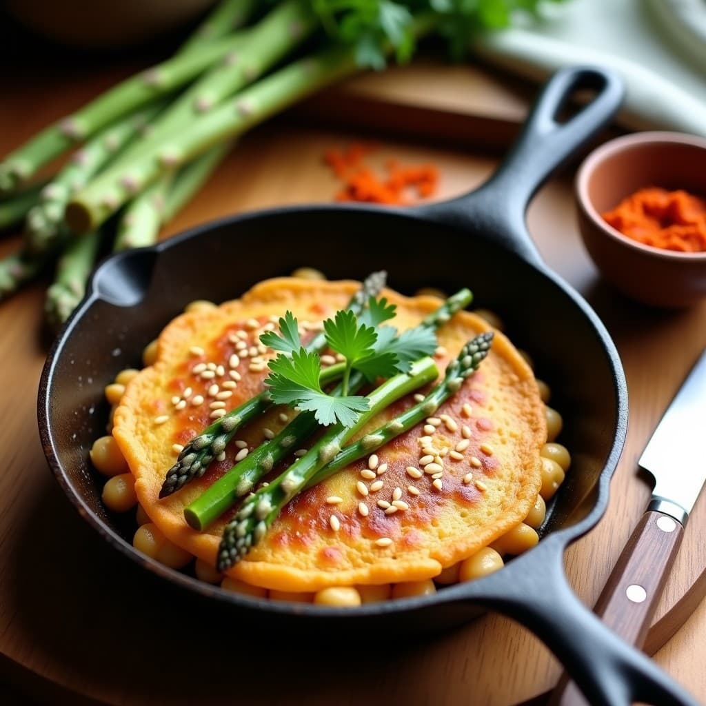 Tortilla dorada de garbanzos y espárragos trigueros con harissa en sartén de hierro, decorada con semillas de sésamo y perejil fresco, desayuno vegano alto en fibra.
