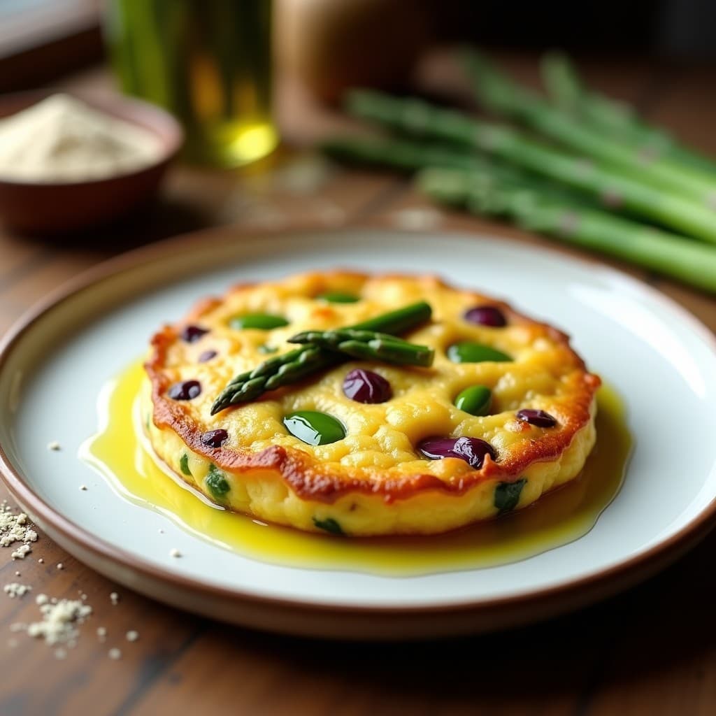 Tortilla dorada y esponjosa de garbanzos y espárragos trigueros servida en plato blanco, con brillo de aceite de oliva y trozos de cebolla morada visibles, receta sin gluten y alta en fibra en olla express.