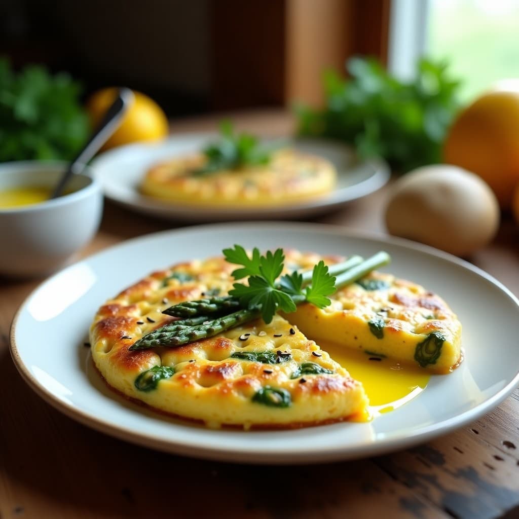 Tortilla vegana de garbanzos y espárragos trigueros con aliño de limón, cocinada en Thermomix, servida en plato blanco con semillas de sésamo y perejil fresco.