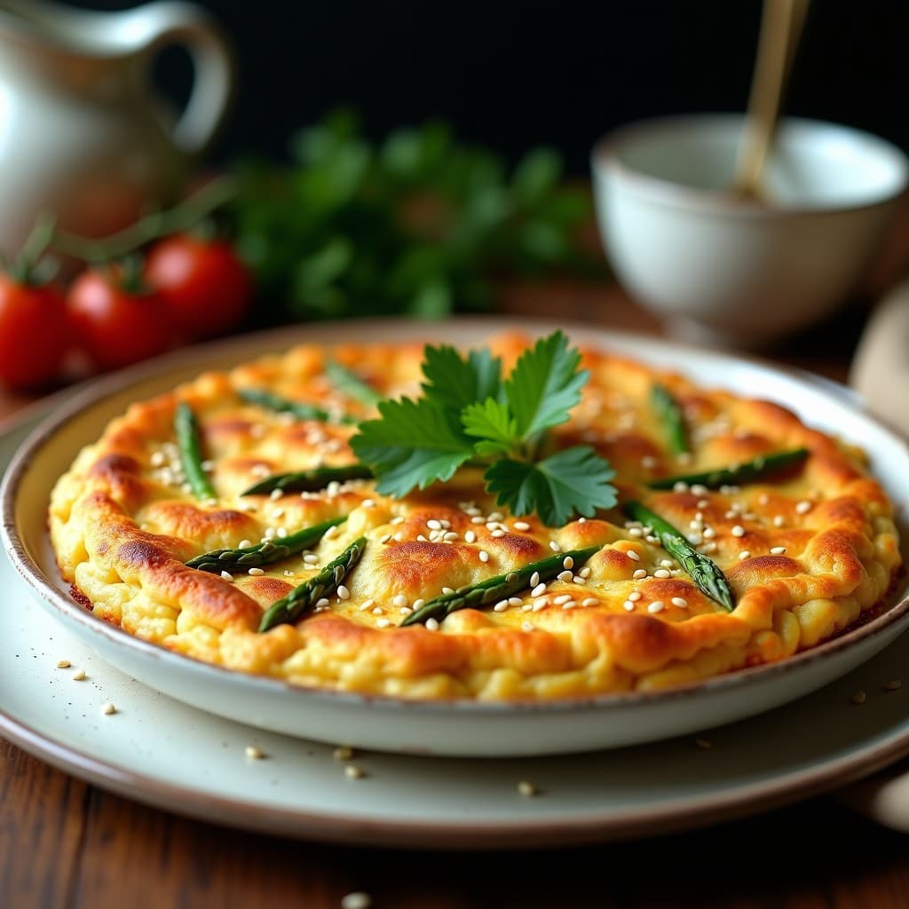 Tortilla dorada y esponjosa de garbanzos y espárragos trigos con pimentón, decorada con semillas de sésamo y perejil fresco, servida en plato rústico blanco. Receta vegana española en airfryer.