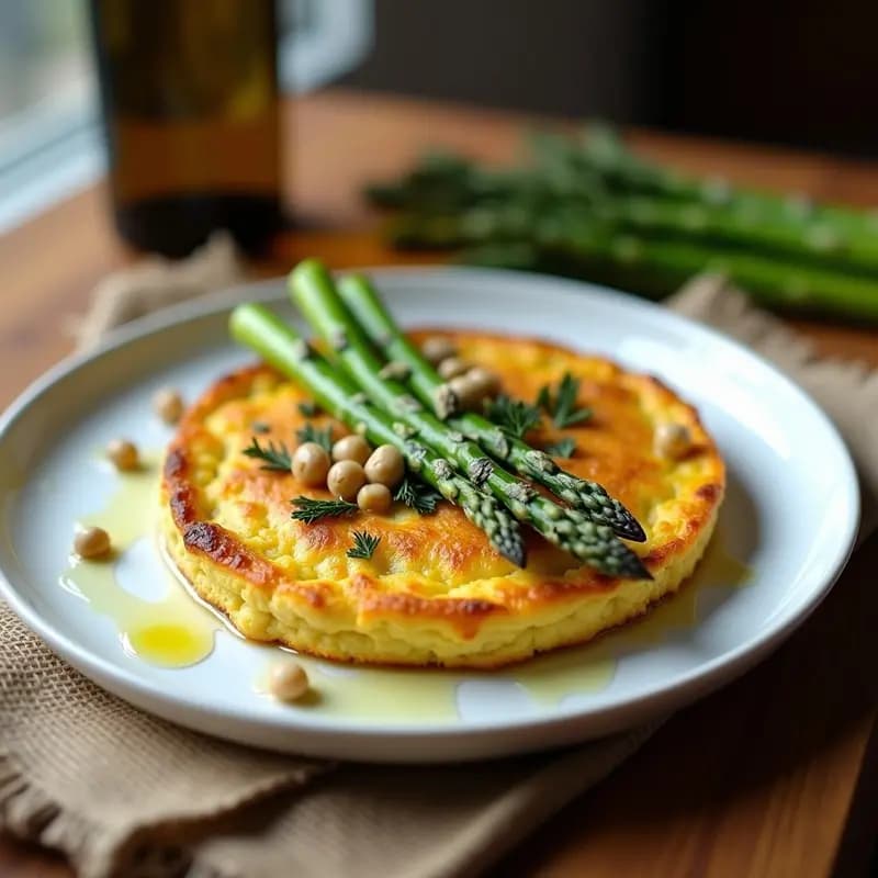 Tortilla dorada y esponjosa de garbanzos con espárragos trinidad (blancos y morados) salteados, decorada con semillas de sésamo tostadas sobre un plato de cerámica blanca, receta española vegana gourmet.
