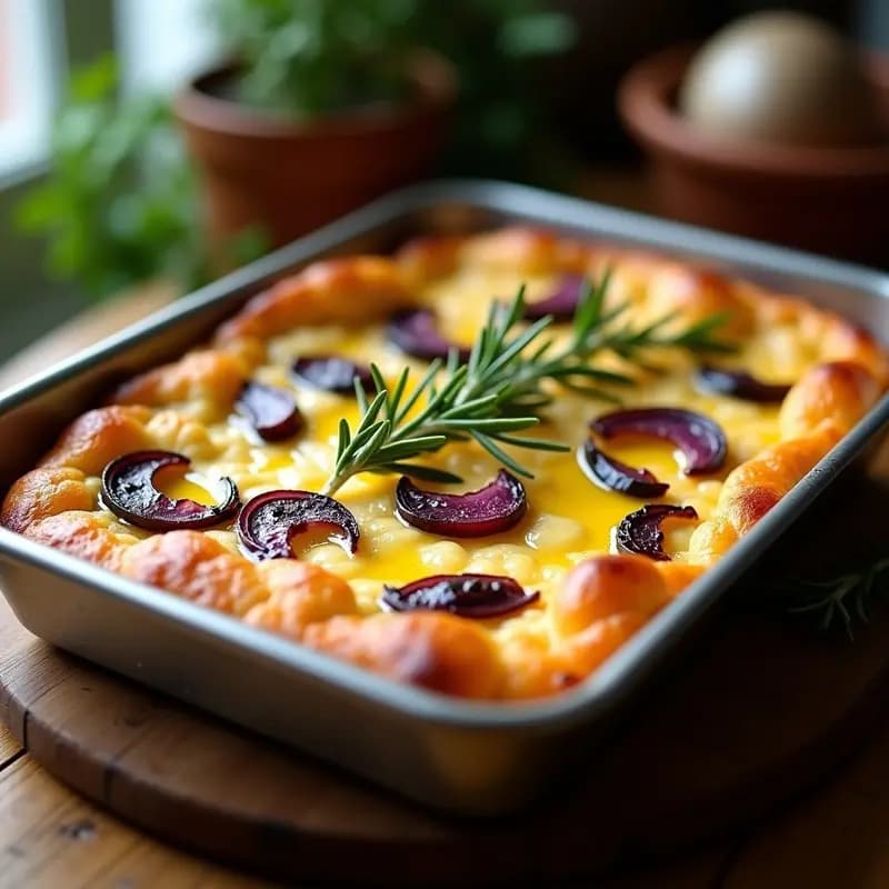 Farínata italiana dorada y crujiente en bandeja de horno, con trozos de cebolla morada caramelizada y hojas de romero fresco esparcidas por encima. Receta de tortilla de garbanzos sin gluten.