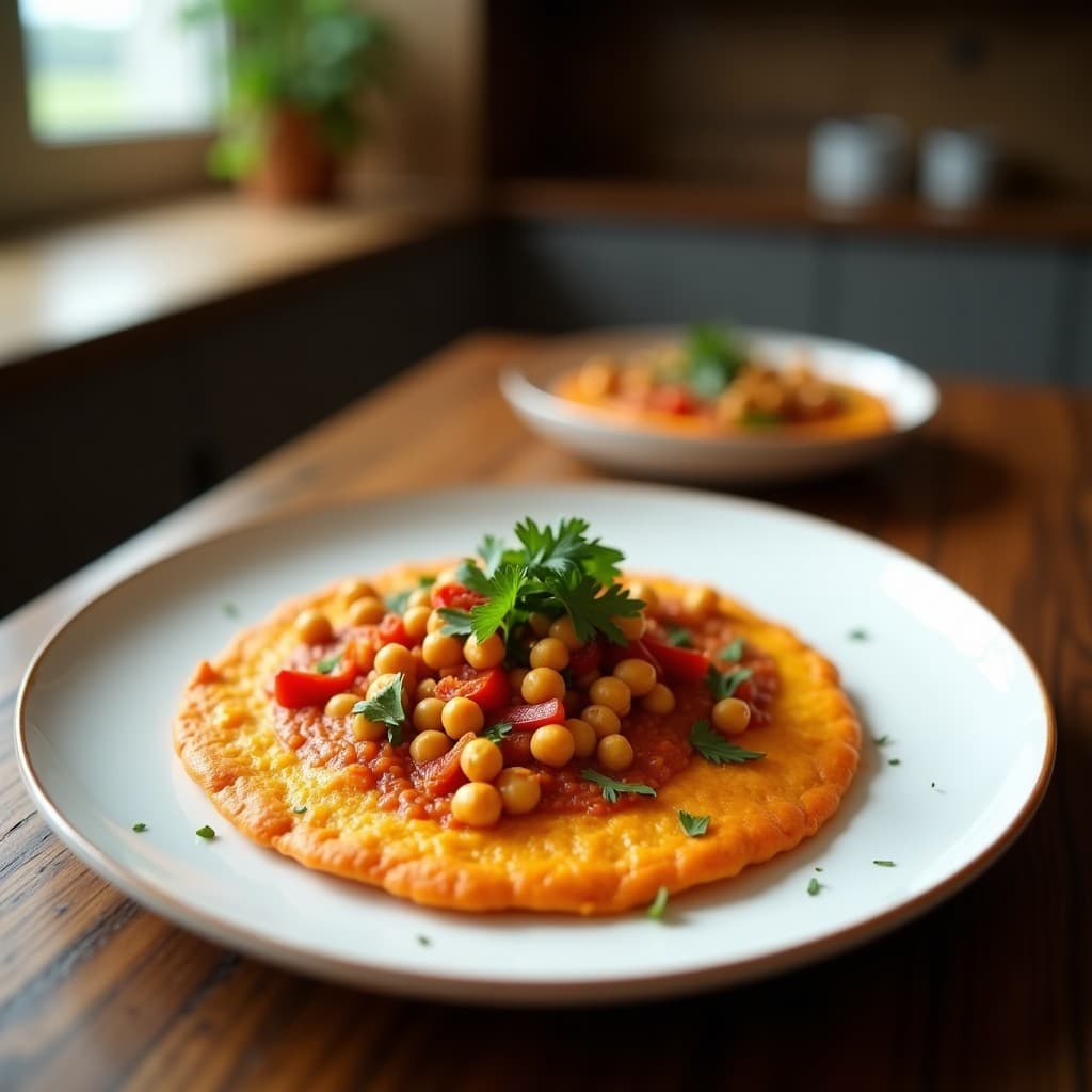 Tortilla dorada y esponjosa de garbanzos con vetas de pimentón de la Vera, servida en plato de barro con perejil fresco y un chorrito de aceite de oliva virgen extra. Desayuno español vegano sin huevos.