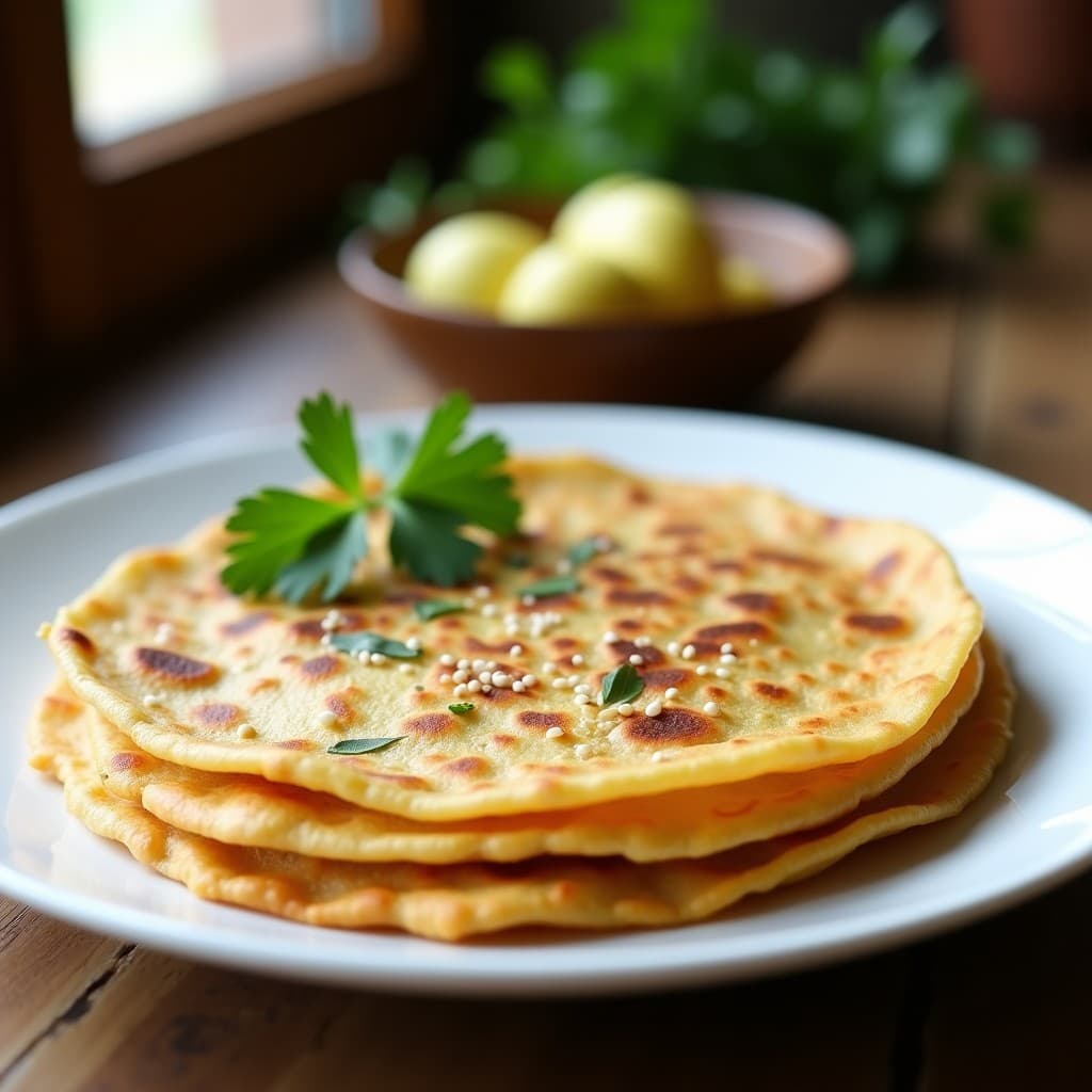 Tortilla dorada y esponjosa de harina de garbanzos con trozos de pimientos del padrón verdes y semillas de sésamo, servida en plato blanco sobre mesa de madera rústica. Desayuno sin harina y alto en fibra.