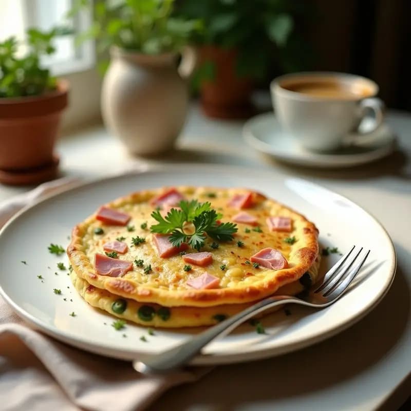 Tortilla dorada y esponjosa con habas tiernas verdes y taquitos de jamón serrano, decorada con perejil fresco, servida en plato blanco rústico sobre fondo de madera clara.