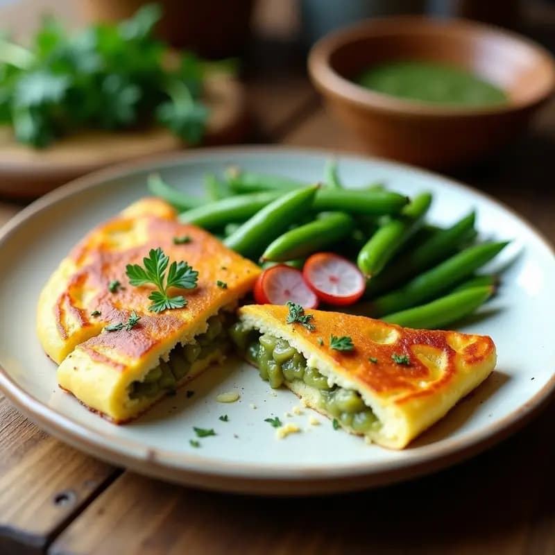 Tortilla dorada y jugosa de habas tiernas y mintxo, servida en plato blanco rústico con trozos de habas verdes y panceta visible, acompañada de perejil fresco. Receta vasca de primavera sin gluten.