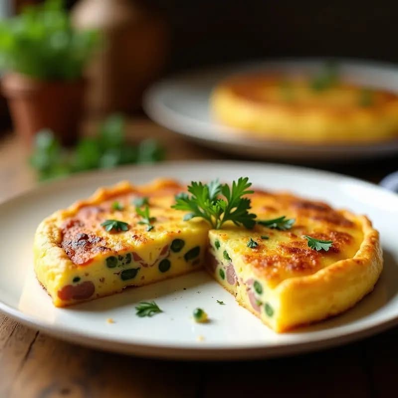 Tortilla dorada y esponjosa con trozos de habas verdes tiernas y taquitos de jamón serrano, decorada con perejil fresco picado, servida en un plato de barro rústico sobre una mesa de madera.