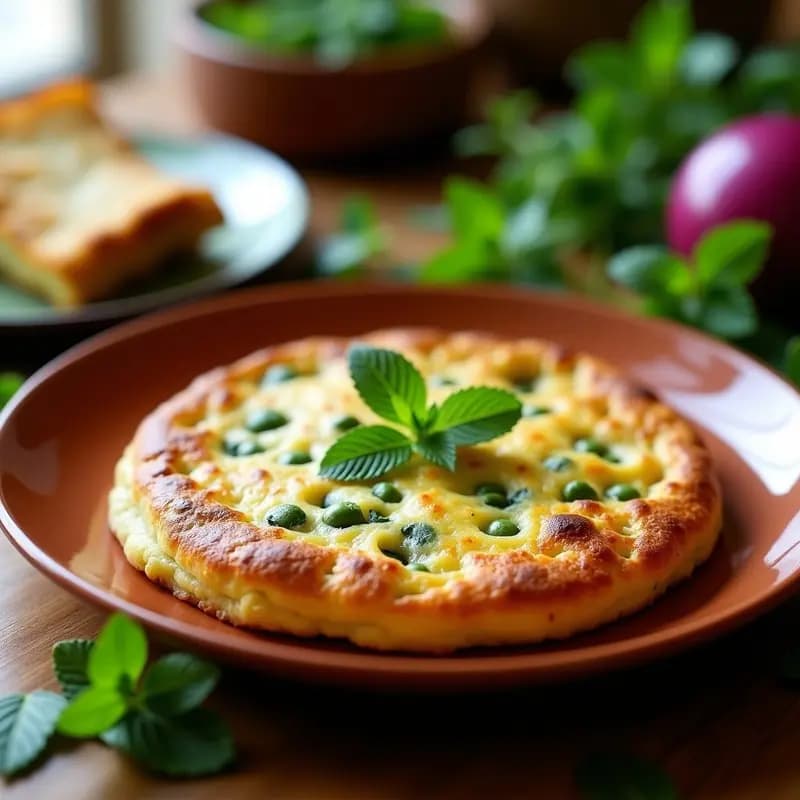 Tortilla dorada de habasdes con hierbabuena servida en plato de barro, acompañada de hojas frescas de hierbabuena y rodajas de cebolla morada, receta típica canaria de primavera.