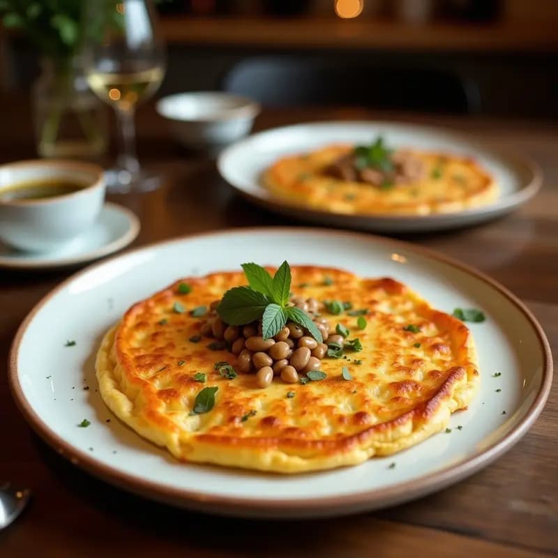 Tortilla de habitantes extremeña dorada en sartén de hierro, con trozos de habas tiernas visibles, espolvoreada con perejil fresco picado y acompañada de una rama de perejil entero.