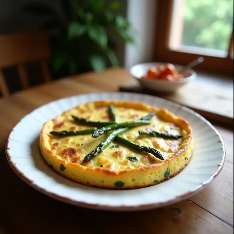 Tortilla dorada y esponjosa de harina de castaña con trozos de espárragos trigueros salteados, servida en plato blanco rústico sobre mesa de madera con fondo borroso de cocina.