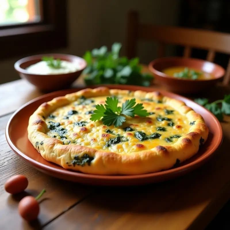 Tortilla dorada de harina con chicharros y espinacas servida en plato rústico de barro, con trozos de chicharro visibles y perejil fresco espolvoreado, típica receta canaria humilde.