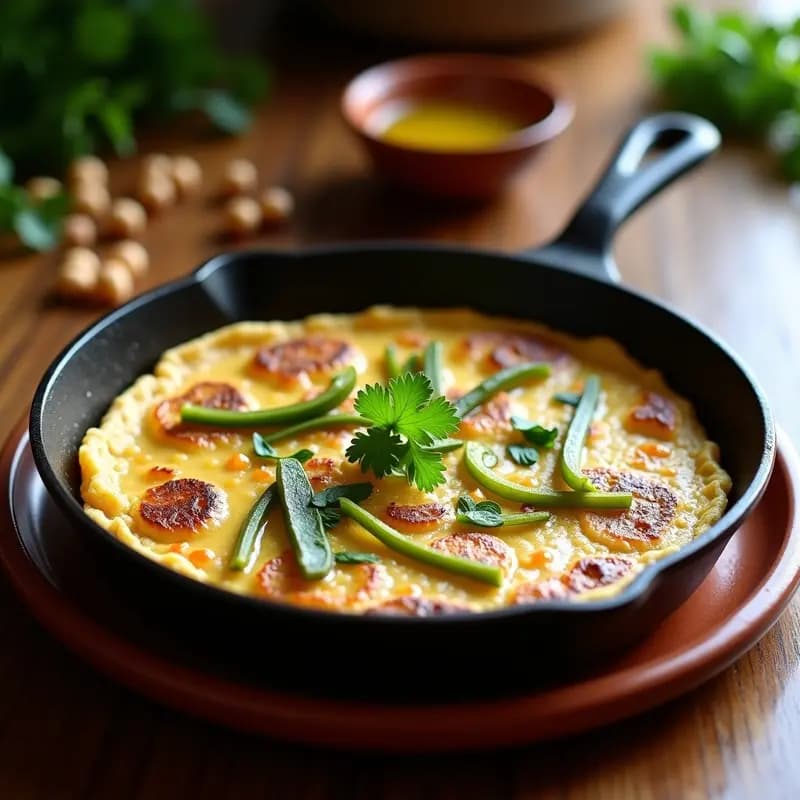 Tortilla dorada y esponjosa de harina de chickpea con trozos de pimiento verde y cebolla, cocinada en sartén con cebo ibérico, espolvoreada con perejil fresco. Receta extremeña sin gluten sobre plato de barro rústico.