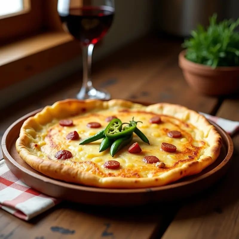 Tortilla de harina dorada con trozos de chorizo y pimientos del Padrón, receta gallega tradicional servida en plato de madera rústico.