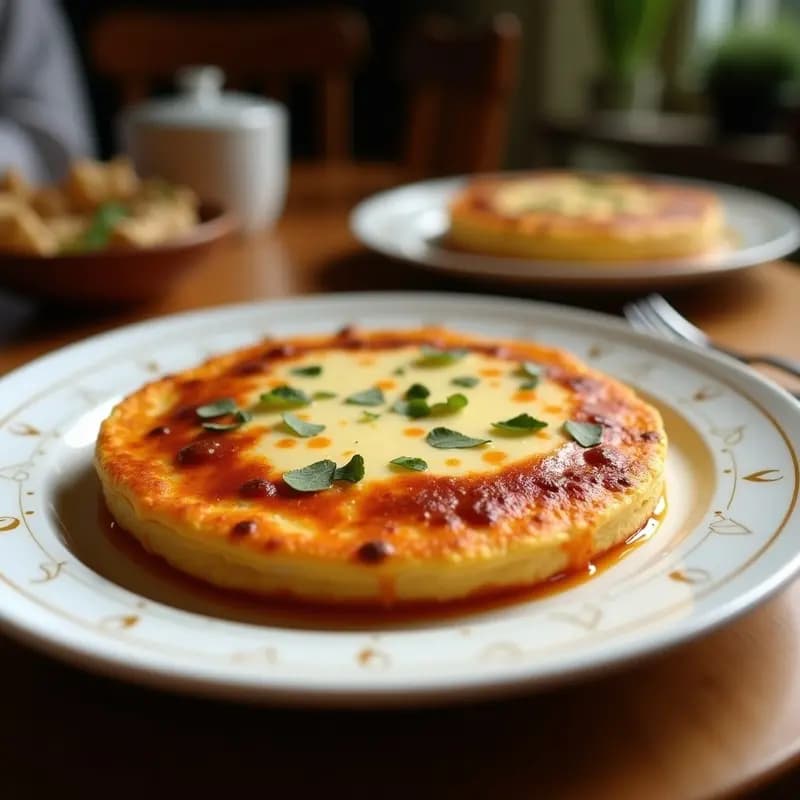Tortilla gruesa dorada de harina con trozos de chorizo y queso fundido, cortada en porciones cuadradas sobre un plato de madera rústico, ideal para excursiones de montaña.