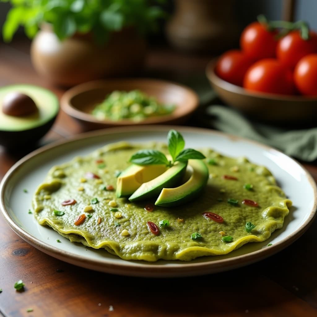 Tortilla verde esponjosa de harina de coco y espirulina servida en plato blanco con láminas de aguacate, cebolla morada salteada y cilantro fresco. Desayuno keto y sin gluten con textura dorada y cremosa.
