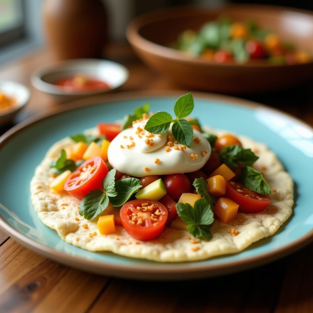 Tortilla dorada de harina de coco cortada en porciones, con vegetales salteados visibles en su interior, servida en plato blanco con salsa de tahini cremosa y semillas de sésamo espolvoreadas. Desayuno keto sin trigo.