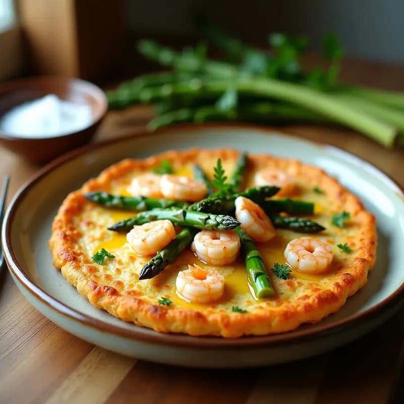 Tortilla dorada y esponjosa de harina de garbanzo con trozos de espárragos trigueros verdes y gambas blancas, servida en plato rústico de barro con perejil fresco espolvoreado. Receta gaditana sin gluten.