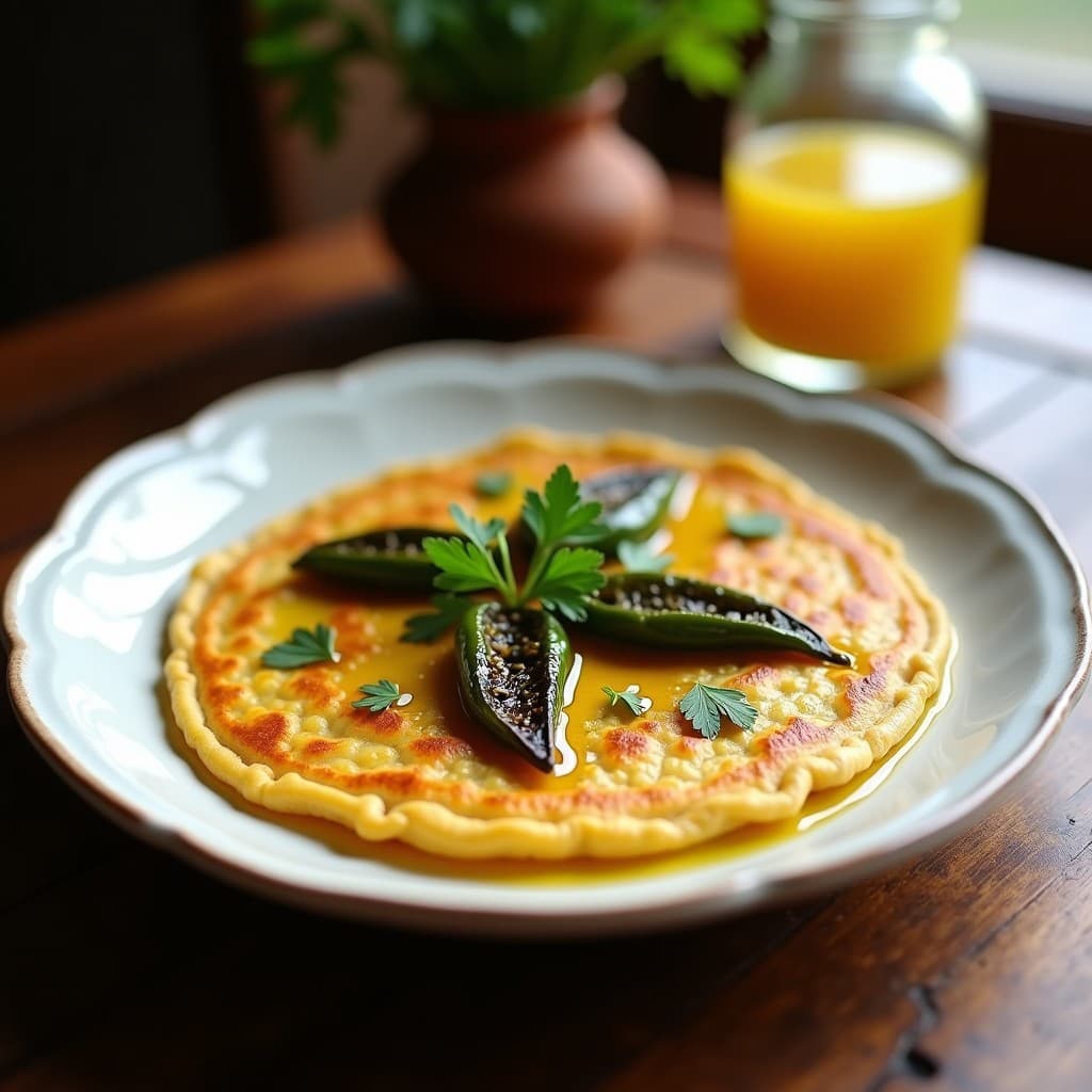 Tortilla dorada y esponjosa de harina de garbanzo con pimientos de padrón asados integrados, servida en plato blanco rústico con chorrito de aceite de oliva y perejil fresco, desayuno español sin gluten.