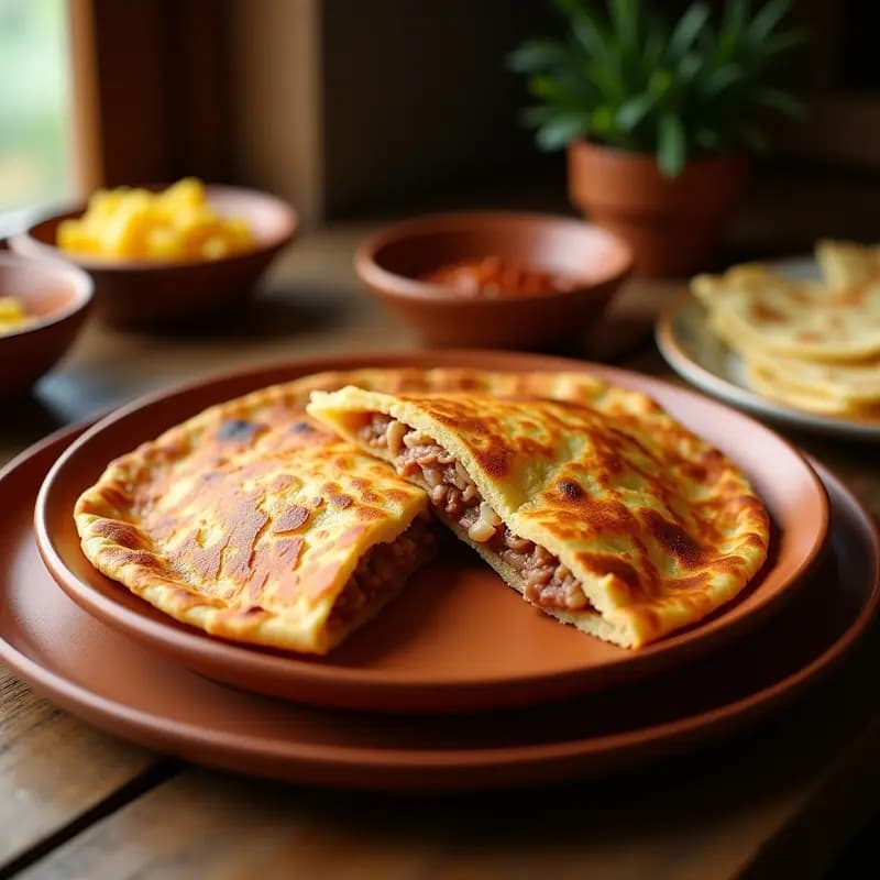 Tortilla de harina dorada y crujiente doblada por la mitad, rellena de lomo embuchado y cebolla, servida en un plato de barro tradicional aragonés con fondo rústico de madera.