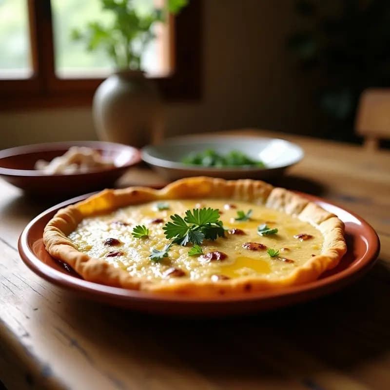 Tortilla dorada y esponjosa de harina con trocitos de sardinas en aceite, servida en plato rústico de barro con perejil fresco picado por encima, receta extremeña tradicional.