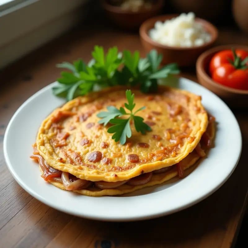 Tortilla de harina dorada con trocitos de sardina y cebolla, servida en plato blanco rústico con perejil fresco espolvoreado, receta tradicional canaria.