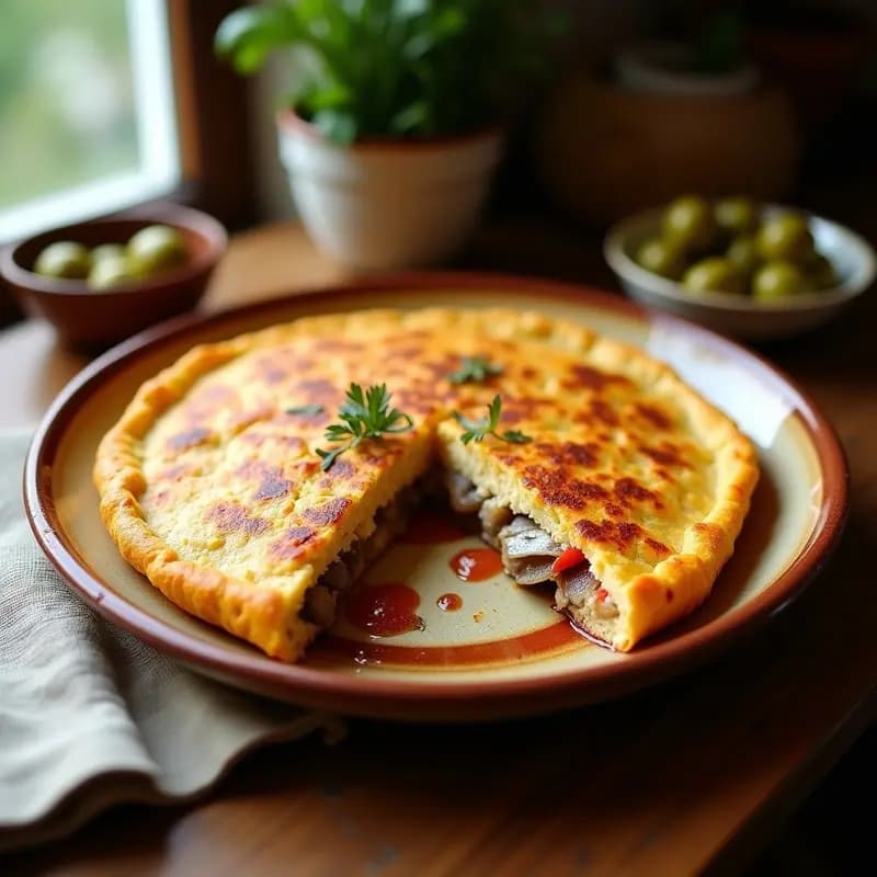 Tortilla de harina dorada y esponjosa rellena de sardinas desmenuzadas y trozos de pimiento choricero, servida en un plato de barro rústico con un fondo de madera. Receta tradicional de la costa cantábrica.