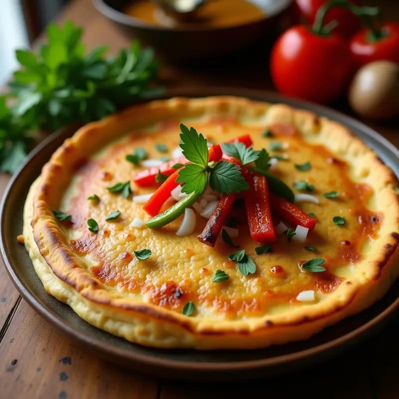 Tortilla de harina dorada con trozos de sardina y tiras de pimientos asados rojos y verdes, servida en plato rústico de barro con perejil fresco espolvoreado, receta andaluza de aprovechamiento.