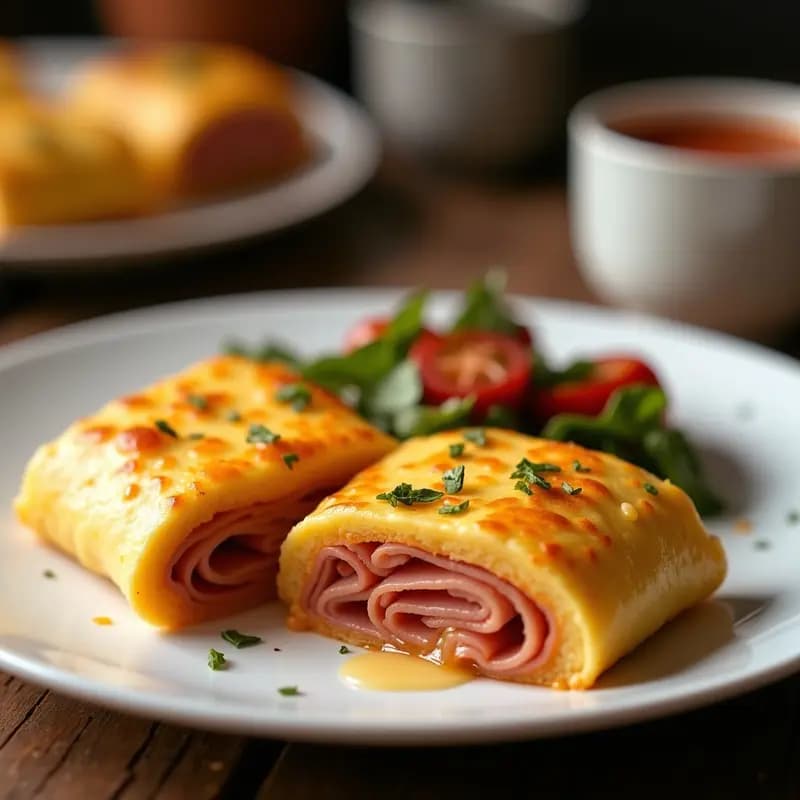 Plato blanco con rollos de tortilla de huevo rellenos de jamón york y queso fundido, cortados en rodajas y servidos con un hilo de aceite de oliva. Receta rápida para desayunos o cenas.