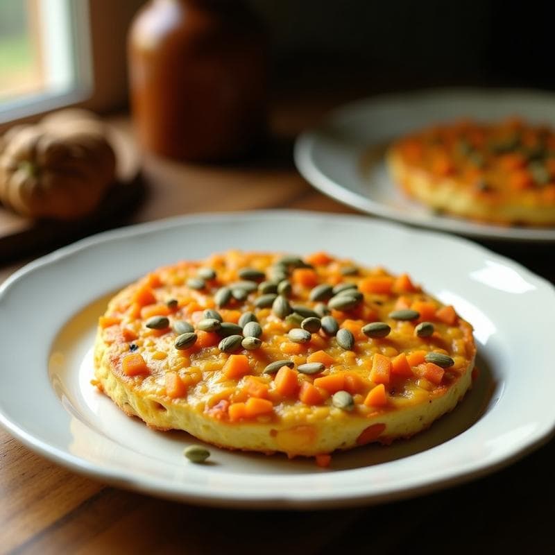 Tortilla dorada de calabaza kabocha y hinojo con un crujiente de semillas de girasol y calabaza tostadas, servida en un plato blanco rústico sobre una mesa de madera. Receta keto y sin lactosa.