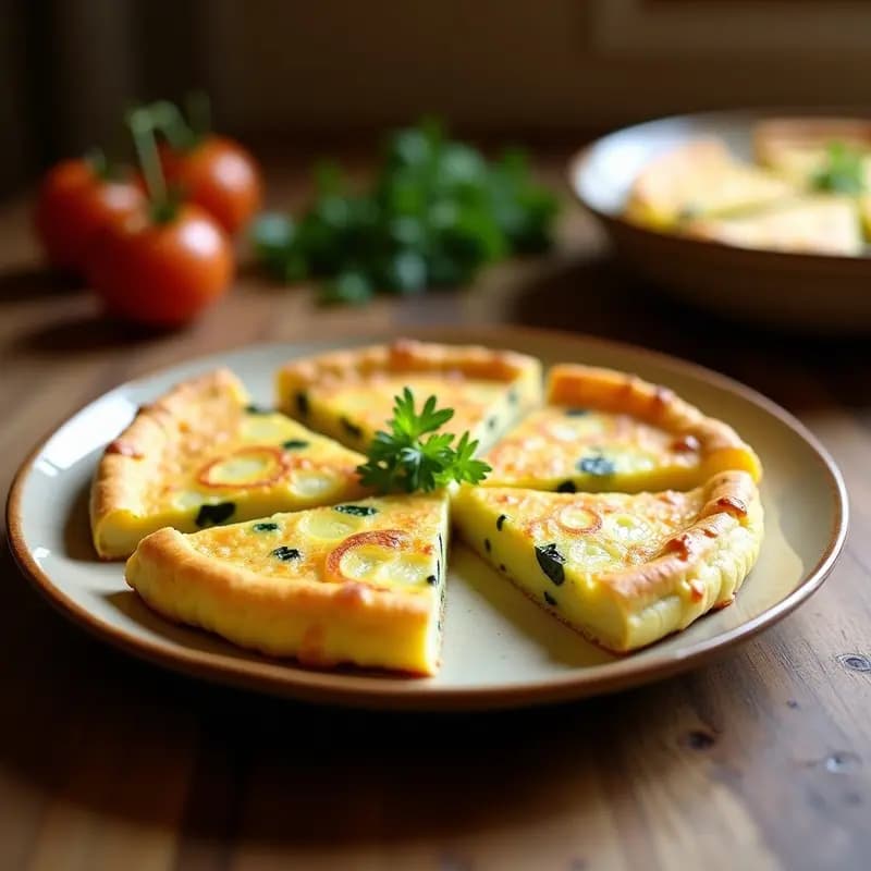 Tortilla de kryal y patatas murciana recién horneada, dorada por encima y sedosa por dentro, cortada en porciones cuadradas y servida en un plato rústico de barro con un fondo de madera.