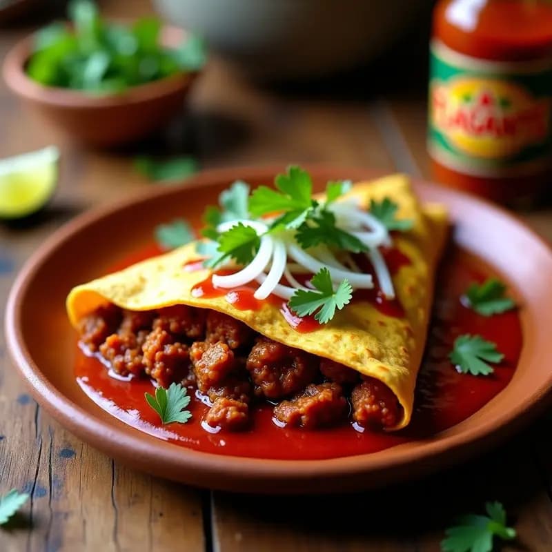 Tortilla dorada de maíz rellena de chorizo vegetal desmenuzado, con vetas rojizas de aflagante de chile pasilla, decorada con cilantro fresco sobre un plato de barro rústico. Receta mexicana vegana alta en proteína.