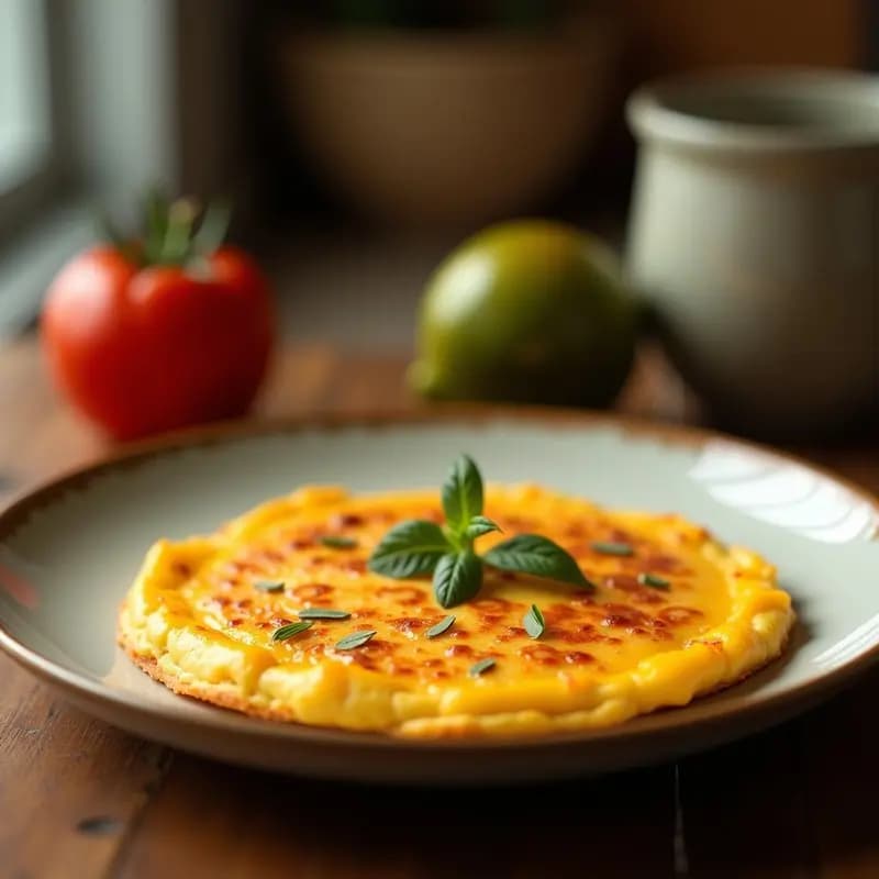 Tortilla Nueva York dorada y esponjosa con queso cheddar fundido y espinacas salteadas, servida en plato blanco sobre fondo de madera rústica, desayuno americano alto en proteína.
