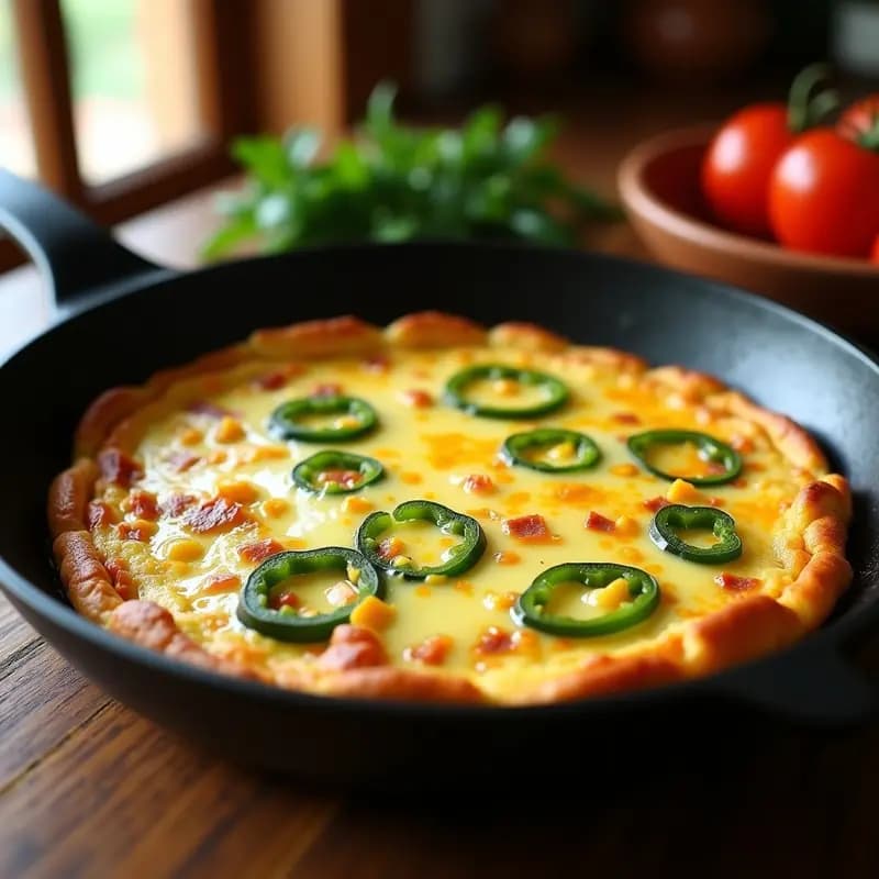 Tortilla dorada y esponjosa de panceta y pimientos verdes en sartén antiadherente, con trozos de panceta crujiente y pimientos tiernos, servida en plato rústico de barro.