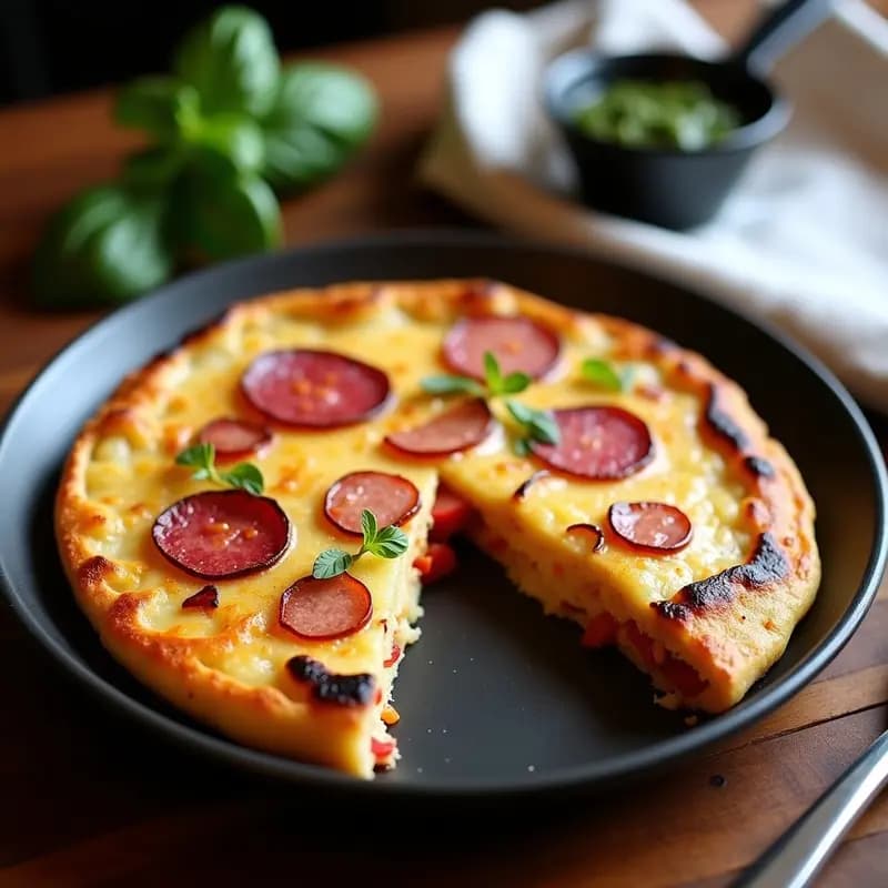 Tortilla de papa y chorizo colorado argentina dorada, cortada en porciones, con trozos de papa y chorizo visibles en su interior, servida en plato rústico de barro con hierbas frescas al lado.