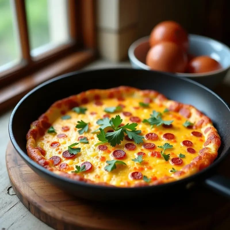 Tortilla dorada y esponjosa de papa y chorizo colorados argentina, servida en sartén antiadherente con perejil fresco, fondo rústico de madera.