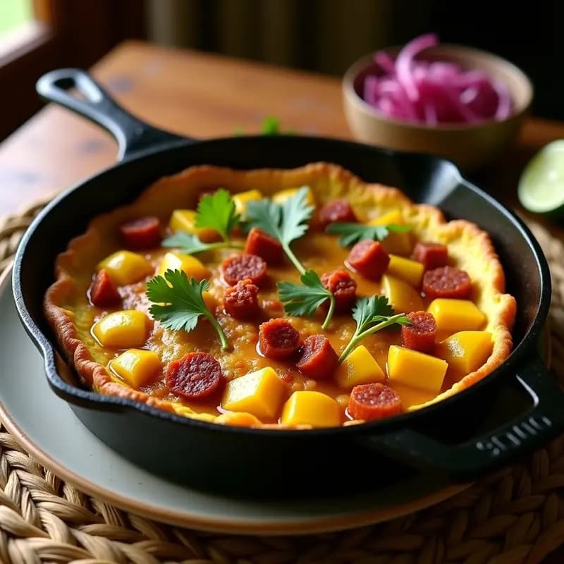 Tortilla dorada y esponjosa de papa cola con trozos de chorizo colorado colombiano, servida en sartén de hierro con cilantro fresco espolvoreado. Plato tradicional colombiano con textura cremosa y colores vibrantes.