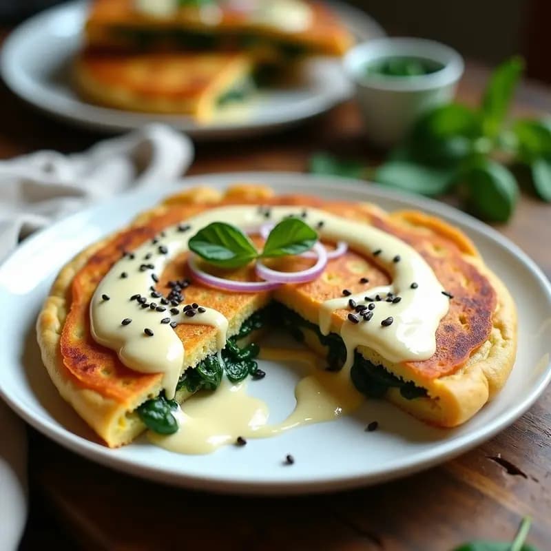 Tortilla vegana de papa y espinaca con queso de anacardos en plato blanco, cortada en porciones, con decoración de crema de anacardos y semillas de sésamo, sobre fondo rústico de madera.