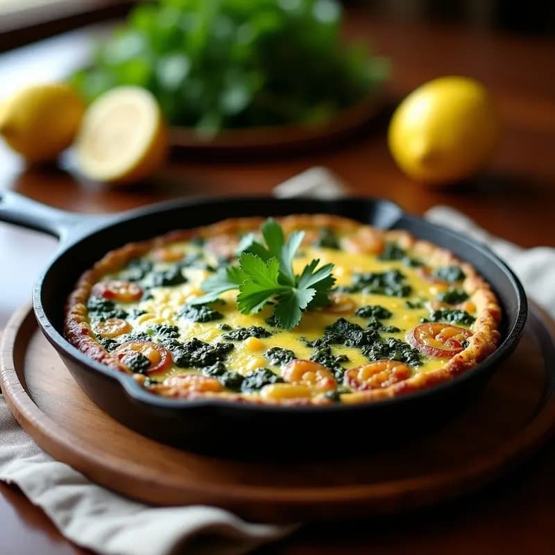 Tortilla de papa morada y espinacas peruana en sartén de hierro, con bordes dorados y espinacas verdes salteadas. Acompañada de hojas de cilantro fresco sobre fondo rústico de madera.