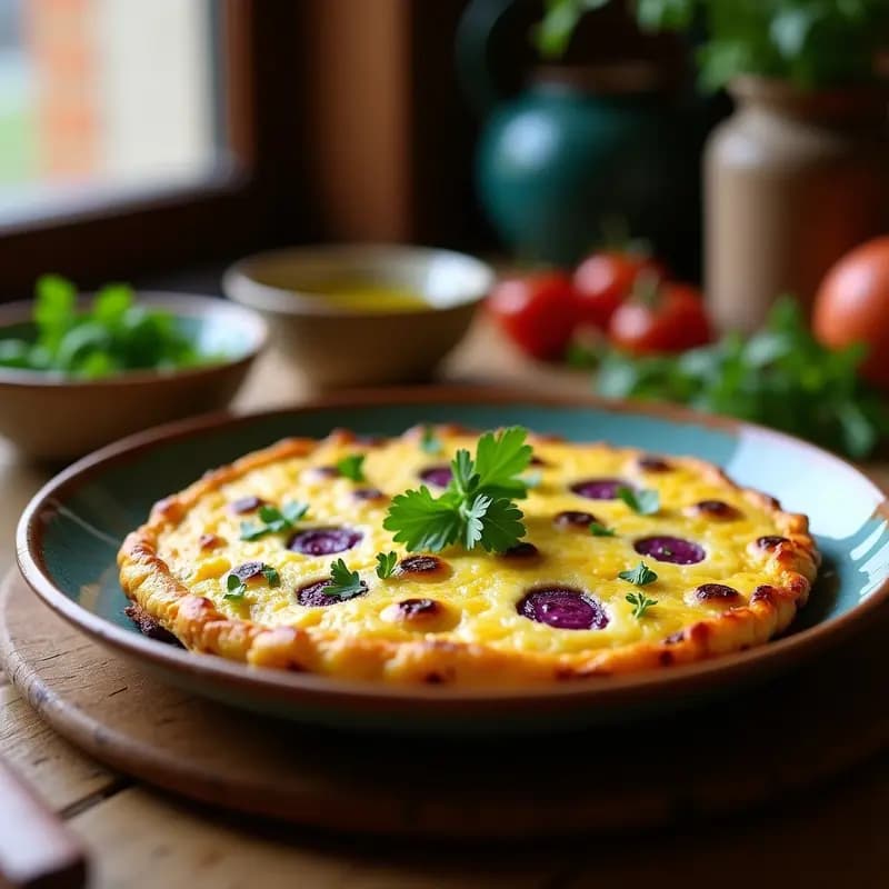 Tortilla dorada de papa morada con trozos de queso de albaricoque vegano, servida en plato rústico con perejil fresco. Desayuno argentino sin lactosa, vibrante y apetitoso.
