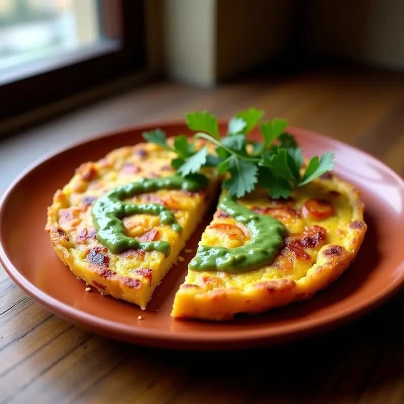 Tortilla dorada de papa y pimiento asado cortada en porciones, con salsa de aji verde vibrante por encima, servida en plato rústico de barro con hierbas frescas al lado.