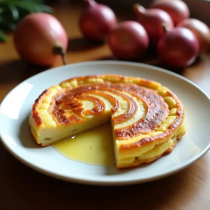 Tortilla de papas dorada con cebolla caramelizada en su interior, servida en un plato de barro rústico con un trozo cortado para mostrar su textura jugosa. Receta andaluza de tupper infalible.